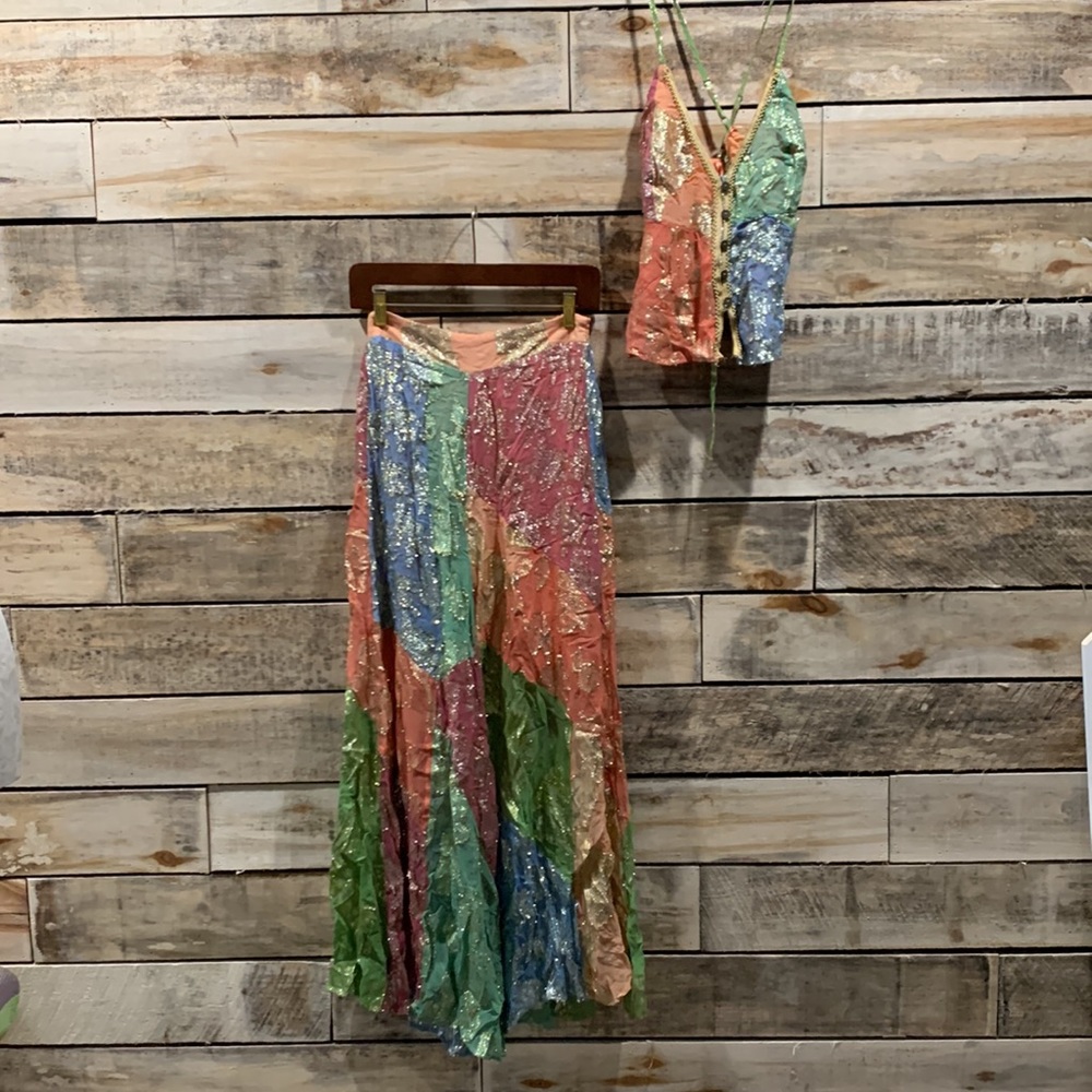 NWT Free People Mini Moon Set Wide Leg Pant & Cami Top Metallic Rainbow …